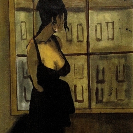 Woman In Black Dress By Window Cityscape   By Harry Weisburd