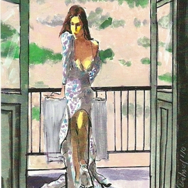 Woman in Blue Print Dress on Balcony By Harry Weisburd
