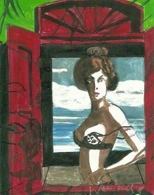 Harry Weisburd: 'Woman in Red Shutters Window  3D', 2011 Watercolor, Culture.  Realism, Figurative, Erotic, Senual, woman, female, Window  3D Image         ...