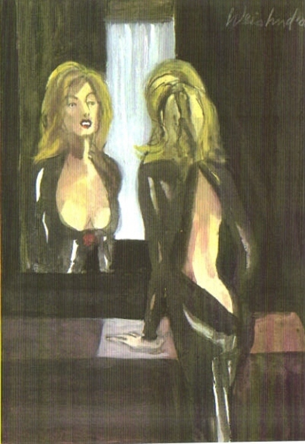 Artist Harry Weisburd. 'Woman Looking In Mirror With Backless Black Silk Dress' Artwork Image, Created in 2008, Original Pottery. #art #artist