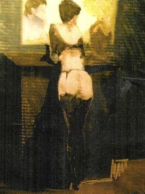 Harry Weisburd: 'black stockings', 2014 Pastel, Figurative. Semi nude woman standing in hip length black stockings, back view ...