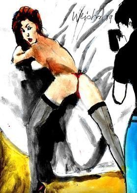 Harry Weisburd: 'photo shoot pin up magazine', 2019 Watercolor, Erotic. Nude in Black Stocking posing for photo shoot for Pin Up magazine ...