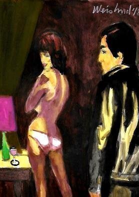 Harry Weisburd: 'strangers in the night 2', 2018 Watercolor, Erotic. Woman undressing with man just  met , strangers in the night...
