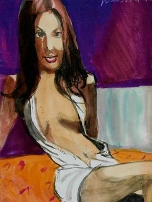 Harry Weisburd: 'woman in open white dress', 2018 Watercolor, Erotic. Seated woman wearing an open white dress...
