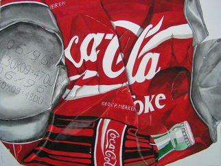Pim Van Der Wel: 'cola can', 2003 Watercolor, Cuisine. a portrait of a crumpled can...