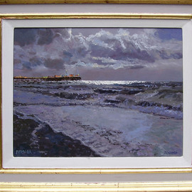 David Welsh: 'Brighton Pier', 2009 Oil Painting, Beach. Artist Description:  Grey, dark, clouds, strom, dramatic, stormy light,  fun- fare, lights, Palace Pier, West Pier ...