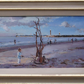 David Welsh: 'Driftwood Sculpture', 2009 Oil Painting, Beach. Artist Description:  driftwood, sculpture, driftwood sculpture, beach paintings, sea paintings, Children, playing, paintings of Whitby, Whitby, Scarborough, Scarborough beach, paintings of Yorkshire, Yorkshire, coast, parents, atmospheric, mauve, England, beach, clouds,    English artist, UK, uk, UK paintings ...