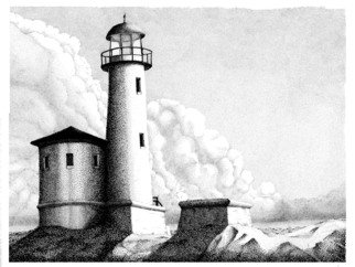 William Ground: 'Whos Watching Now', 2008 Giclee - Open Edition, Seascape.  Stipple of a lighthouse with cloud formations. ...
