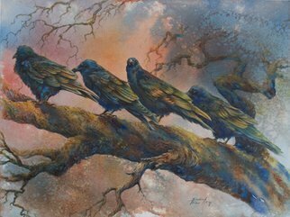 Deborah Wilson: 'Waiting on the Dawn', 2011 Giclee, Birds.    This is a painting of some ravens that we ran across in Yellowstone National Park.  Although ravens are black, I wanted to bring out the beautiful colors that you see in their feathers as they glisten in the sunlight.  We were amazed at the personality and antics of these curious...