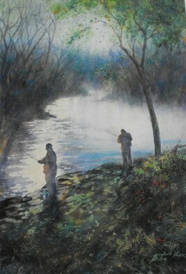 Deborah Wilson: 'morning reflections', 2016 Watercolor, Landscape. This is inspired by Bennett Springs of Missouri.  I just enjoy watching the fishermen basking in the early morning solitude.  It strikes me as a place where a person s thoughts would have some space to organize themselves.  ...