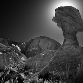 George Wilson: 'Balanced Rock', 2016 Black and White Photograph, Landscape. Artist Description:     Infrared Black and White Landscape South of Fossil Trail, Badlands NP, SD - printed on a 116 aluminum sheet and mounted with a metal easel or float mount so they are ready to display as soon as they arrive     ...