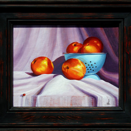 Wm Kelly Bailey: 'Apricots and A Lady', 2013 Acrylic Painting, Still Life. Artist Description:  Apricots and A Lady, acrylic painting on stretched canvas.  10 x 8 painting, Custom, Handmade Frame O.  D.  is 12 x 14.  Sold.  Private Collection, Richmond, TX...