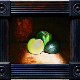 Wm Kelly Bailey: 'Three Green Amigos', 2013 Acrylic Painting, Still Life. Artist Description: Three Green Amigos Green- Gos, acrylic painting on gessoed hardboard panel.  12 x 16 painting, custom frame O.  D.  is 17- 12 x 20- 12.  ...