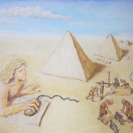 Wendy Lippincott: 'On Nile', 2016 Oil Painting, Satire. Artist Description:  Egypt, pyramids, web surfing, Figures, puzzle...