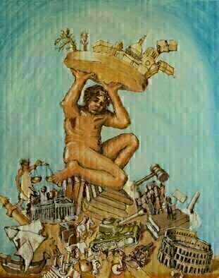 Wendy Lippincott: 'balance of civilization', 2022 Oil Painting, History. Allegorical Imagery where the large figure represents  Civilization  and he totters on Many Historical Items.  Suggesting that Civilization is a balancing act.  ...