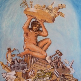 Wendy Lippincott: 'balance of civilization', 2022 Oil Painting, History. Artist Description: Allegorical Imagery where the large figure represents  Civilization  and he totters on Many Historical Items.  Suggesting that Civilization is a balancing act.  ...