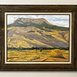 Henry Woody Lindenmeyr: 'flattop mt', 2022 Oil Painting, Mountains. Artist Description: This is a barn wood, framed, oil on canvas rendering of Flat Top Mt in the middle of the Gunnison valley corridor. The painting was made off the Jack s Cabin cutoff road one fall and has a palette to match the season.  ...