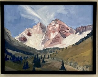 Henry Woody Lindenmeyr: 'maroon bells', 2002 Oil Painting, Mountains. The iconic Maroon Bells from the Aspen side rendered with a contemporary flare, in oil on canvas and framed with a simple black frame. This was inspired in the spring after climbing and alpine skiing the  Bell Chord  couloir, flossed between the North and South Bells   ...