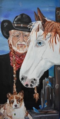 Susan Snow  Voidets : 'blue skies', 2019 Oil Painting, Famous People. Who wouldn t be singing Blue Skies with Willy Nelson whole looking at this paintingEven the bluebirds are singing a song.  The horse is a rescue medicine hat on his farm.  You will love the colors and theme. ...