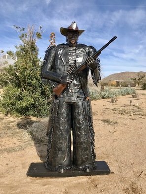 Jim Rahier: 'frisco the cowboys cowboy', 2019 Steel Sculpture, Western. This beyond life sized Grand metal Sculpture Frisco is a one of a kind cowboy created by Artist Jim Rahier.  This is2 of his 12 series cowboys and will increase in value with each new cowboy sculpted.  As he totes his double barrel shot gun and two six shooters, his ...