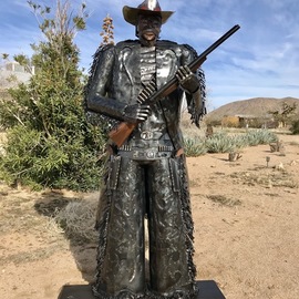 Jim Rahier: 'frisco the cowboys cowboy', 2019 Steel Sculpture, Western. Artist Description: This beyond life sized Grand metal Sculpture Frisco is a one of a kind cowboy created by Artist Jim Rahier.  This is2 of his 12 series cowboys and will increase in value with each new cowboy sculpted.  As he totes his double barrel shot gun and two six ...