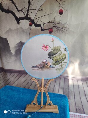 Qinghe Yang: 'silk fan mandarin duck', 2022 Crafts, Birds. This is a real silk  fan and has a beautiful painting that made by hand- drawing. It can put on the desk for decorate the house or hold in your hand that will get you full classical quility. ...