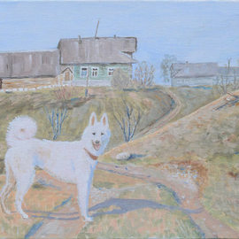 Vladimir Yaskin: 'Laika Elanka', 2011 Oil Painting, Animals. Artist Description:  spring, breed of dog laika, Tver region, April, landscape, village     ...