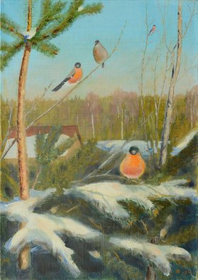 Vladimir Yaskin: 'Spring is coming', 2012 Oil Painting, Animals.   bullfinches, spring, winter, landscape, village      ...