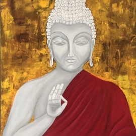 Yazmin Lopez: 'meditative state', 2021 Oil Painting, Buddhism. Artist Description: Spiritual painting giving a sense of calm perfect for meditation.  The background highlights the image by giving a feeling that everything is golden.  The red saffron robe is symbolic passion, religious fervor, life force, and sacred.  This is an 18 x 24 oil painting. ...