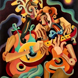 Yosef Reznikov: 'together on a mandolin', 2010 Oil Painting, Surrealism. Artist Description: Geometric abstractionGeometric abstraction, one of the types of abstract art that prefers compositions based on the strict rhythm of geometric or stereo metric figures. Its early versions  partly the Orphism of R. Delaunay and F. Kupka, as well as the Suprematism of KS Malevich and the neoplasticism ...