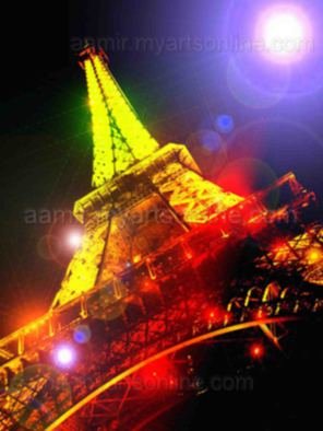 Andrew Young: 'Night Eiffel Tower blue light very colorful artwork', 2011 Mixed Media, Travel.   This art will add a great beauty to your home, office or work place. This piece of art will come without frame. 8. 27