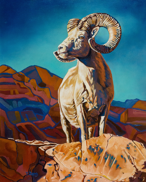 Yue Zeng  'Bighorn Ram On Mountain', created in 2020, Original Painting Oil.
