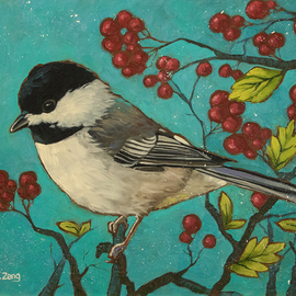 chickadee and red berries By Yue Zeng