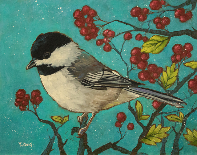 Yue Zeng  'Chickadee And Red Berries', created in 2020, Original Painting Oil.