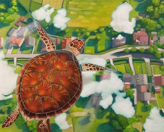 Yue Zeng: 'cruising altitude', 2021 Oil Painting, Surrealism. A turtle with magical sigil is flying over the neighborhood on a sunny day. ...