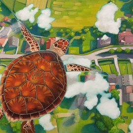 Yue Zeng: 'cruising altitude', 2021 Oil Painting, Surrealism. Artist Description: A turtle with magical sigil is flying over the neighborhood on a sunny day. ...