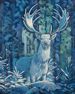 Yue Zeng: 'frosty stag', 2021 Oil Painting, Surrealism. White stag with giant antlers stands in snowy forest. ...