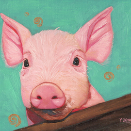 Yue Zeng: 'pink piggy', 2020 Oil Painting, Animals. Artist Description: A cute pink piggy with teal background. ...