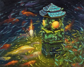 Yue Zeng: 'stone lantern with koi fishes', 2021 Oil Painting, Fantasy. Japanese stone lantern lights up the koi fish pond at night. ...