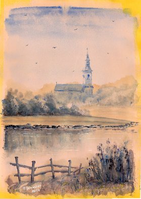 Yulia Schuster: 'old church', 2016 Watercolor, Landscape. This is one of my watercolour landscape paintings. Made on yellow paper which was primed with a watercolor ground. COMES UNFRAMEDUsing artists  quality paints and paper. It is signed and dated on the front  country landscape  lake district  original watercolor  rural houses  rural landscape  rural scene  watercolor landscape  watercolor ...