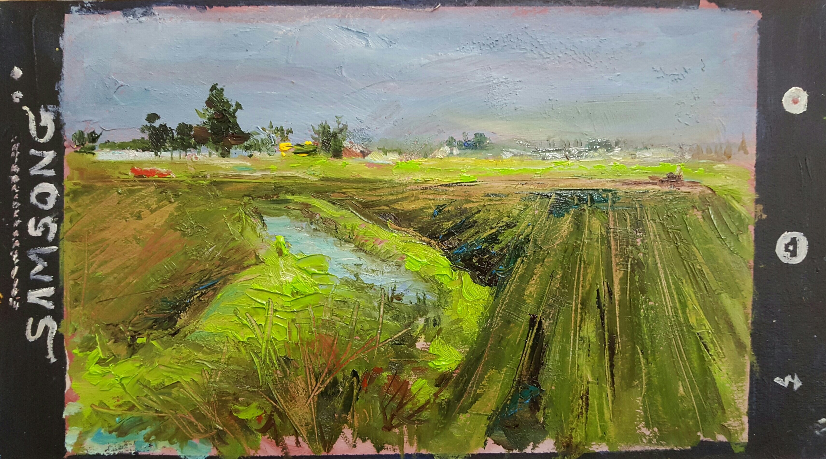 Yuming Zhu: 'All Lines and Forms', 2016 Oil Painting, Landscape. Original Plein Air oil on canvas.  I saw the world with lines and forms interwoven into each other.  Skagit valley where tulips will bloom.In this world, we snap shot the scene, I call for people to take a moment to look, feel the environment.Floating framed 16 x 20, ...