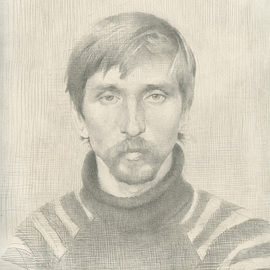 Yuri Yudaev: 'Misha Pavlov', 1985 Pencil Drawing, Portrait. Artist Description:  graphite pencil on paper 8. 4 X 9. 4 in. ( 23,5 X 21 cm) Portrait of genius artist Mikhail Pavlov from Domodedovo, Moscow region ( piece was exhibited on the Young Artists show in 1985 in Khimki, Moscow) .  ...