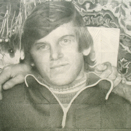 Yuri Yudaev: 'The Wall  detail I', 1988 Pencil Drawing, Portrait. Artist Description:  1988, graphite pencil on paper; 31. 5 X 21. 7 in. ( 80. 0 X 55. 0 cm) Yuri Yudaev, racei, detail, portrait, head, young man, new year party, 1970- s, Domodedovo, suburb, keepsake photo, photorealism, hyperrealism, graphite pencil, drawing ...