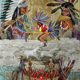 Yuri Vasiliev: 'native american rhythms', 2012 Oil Painting, Ethnic. Artist Description: ethnic, american, dance, gold, horses, fluete...