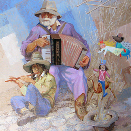 Yuri Vasiliev: 'old and young', 2011 Oil Painting, Ethnic. Artist Description: music, kids, ethnic, blue, Flute, accordion, puppet theater, street musicians...