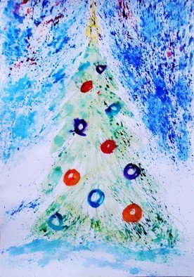 Zaure Kadyke: 'new year1', 2018 Watercolor, Trees. snow blue spray winter spruce celebration christmas new year feast fir green holiday.framed at the request of the buyeryou can pay by Paypal...
