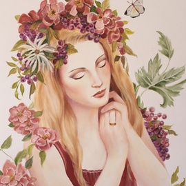 Marsha Bowers: 'cornucopia', 2022 Oil Painting, Portrait. Artist Description: Oil Sketch on Bristol paper, mattedDepicts woman surrounded by florals and fruit.  ...