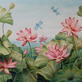 Marsha Bowers: 'dragonflies', 2021 Oil Painting, Nature. Artist Description: This painting was inspired not only from nature but also using the colors of greens to blue greens and pinks from the flowers. This is a large scale painting in oil and on canvas. ...