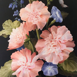 Marsha Bowers: 'hollyhocks', 2019 Oil Painting, Floral. Artist Description: Large scale floral painting consisting of hollyhocks and morning glories. Executed almost entirely with glazes. ...