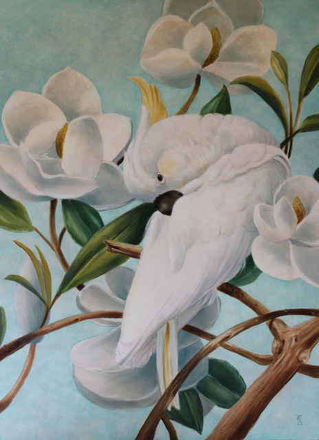 Artist Marsha Bowers. 'Parrot With Magnolias' Artwork Image, Created in 2017, Original Paper. #art #artist